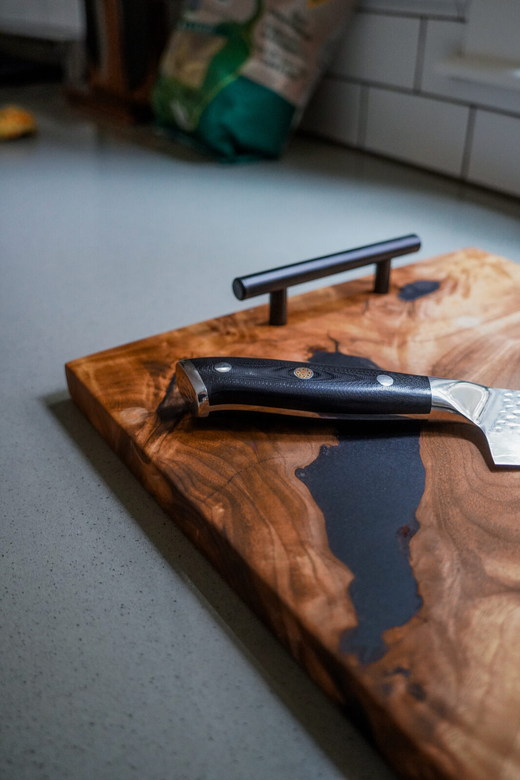 Live-edge board staged on a kitchen counter